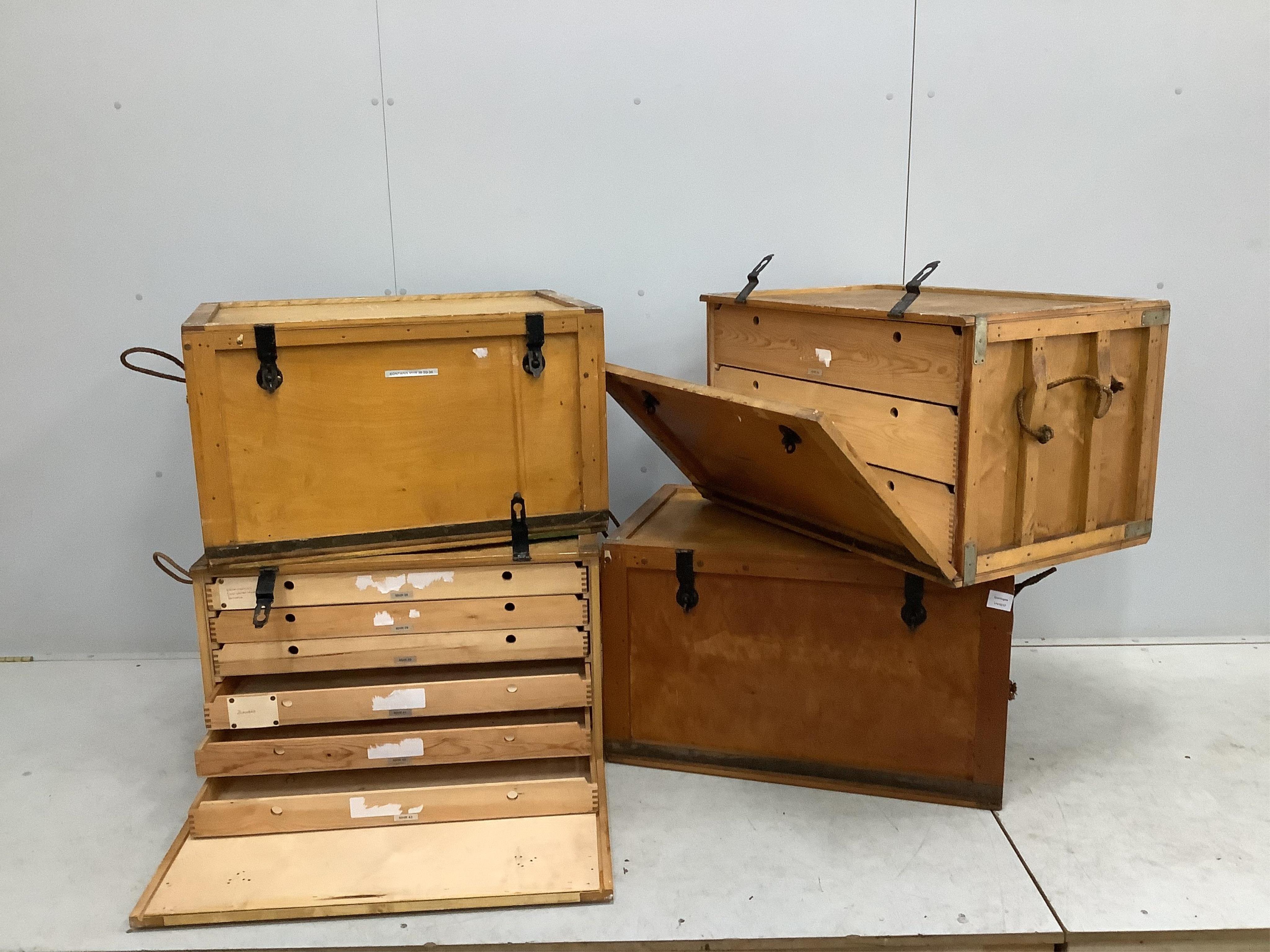 Four vintage Venesta storage trunks, width 76cm, depth 50cm, height 46cm., Provenance - Harrison Zoological Museum, Bowerwood House in Sevenoaks., Condition - fair